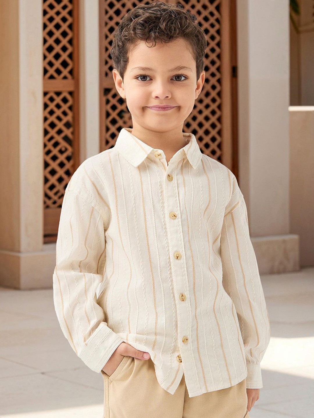 

Juniors by Babyshop Boys Opaque Striped Casual Shirt, Beige