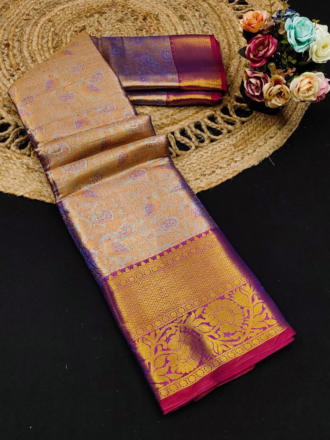 

yourwish Ethnic Motifs Zari Pure Silk Kanjeevaram Saree, Blue