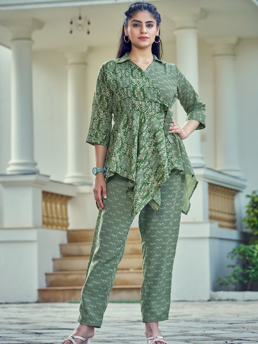 

Kesudi Printed Shirt Collar Asymmetrical Tunic & Trousers, Green
