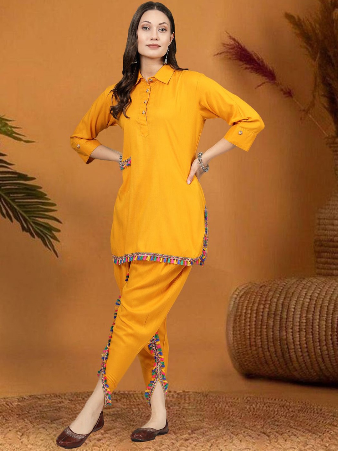 

Moda Rapido Shirt Collar Tunic With Dhoti Pants, Mustard