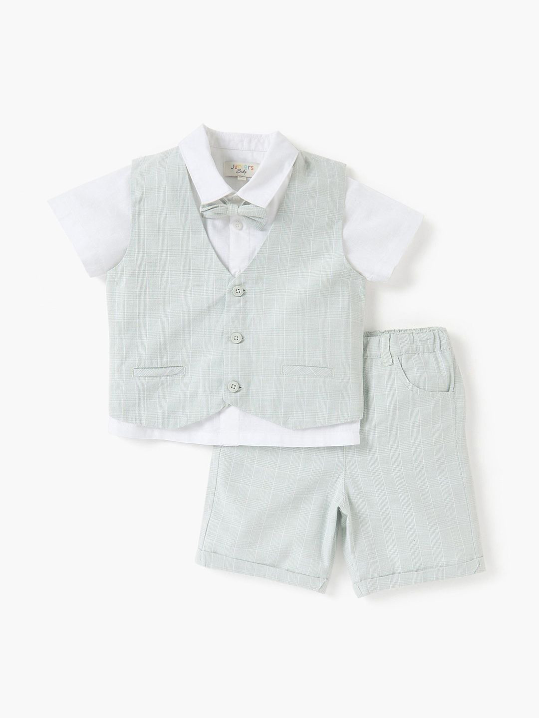 

Juniors by Babyshop Boys Shirt Collar Pure Cotton Shirt With Shorts And Waistcoat Bow, Green
