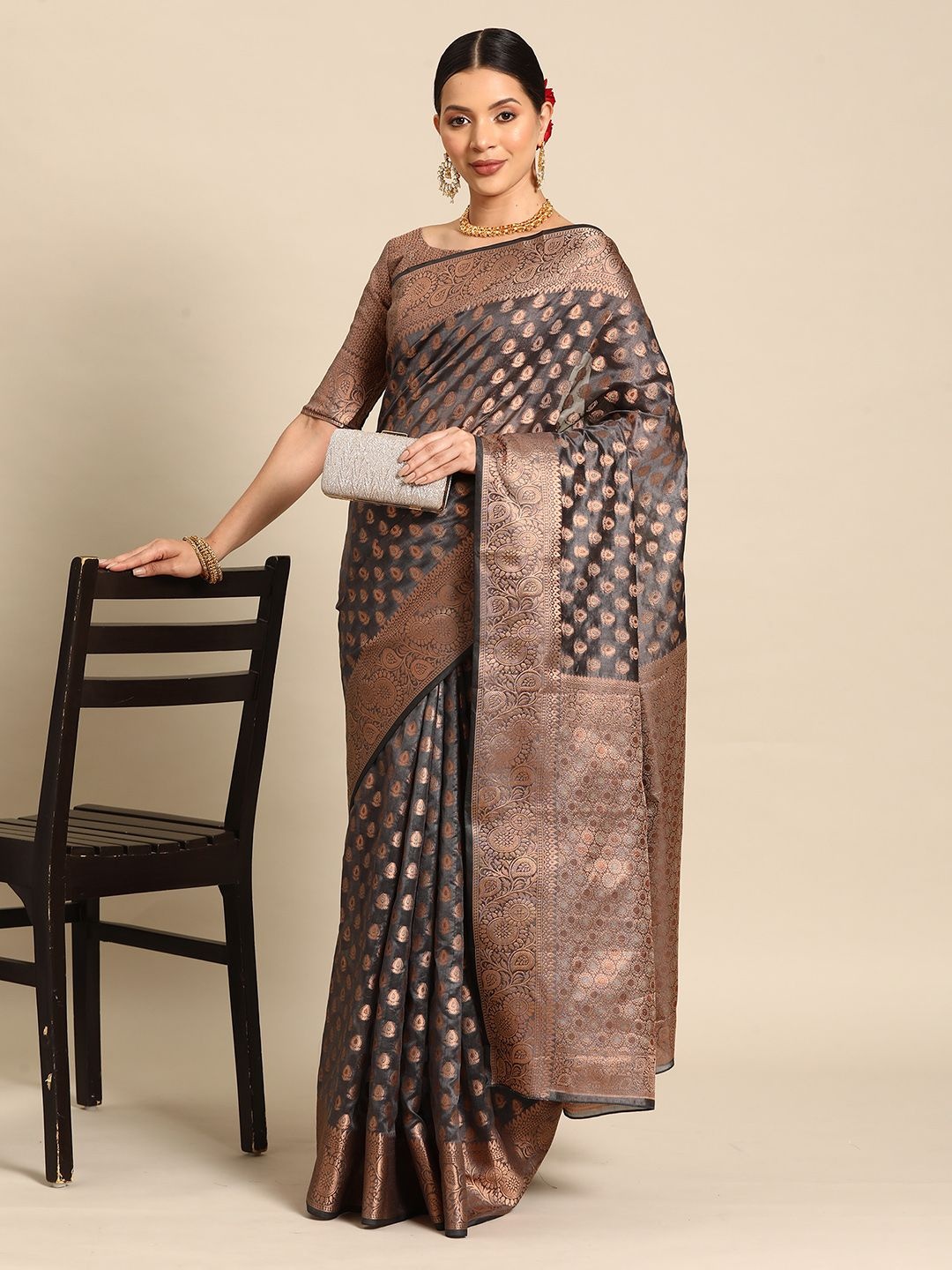

Mitera Ethnic Motifs Zari Organza Kanjeevaram Saree, Grey