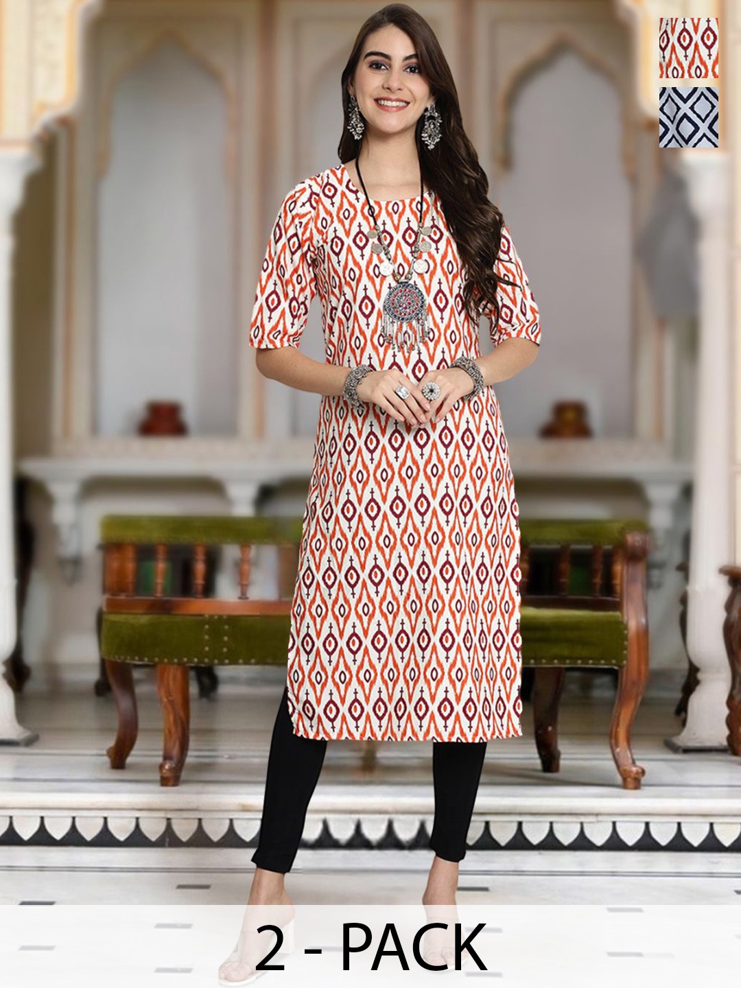 

Moda Rapido Selection Of 2 Geometric Printed Round Neck Straight Kurta, Orange