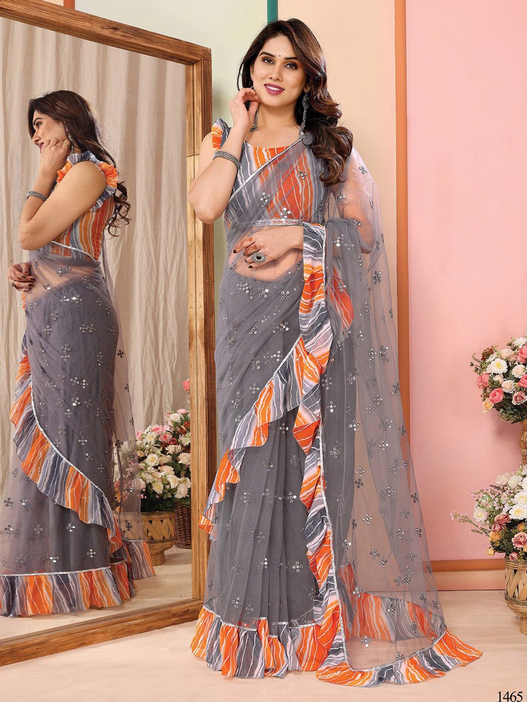 

FASHION STROM Woven Design Net Designer Saree, Grey