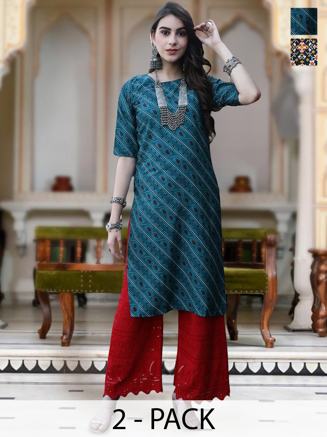 

Moda Rapido Selection Of 2 Bandhani Printed Round Neck Straight Kurta, Green