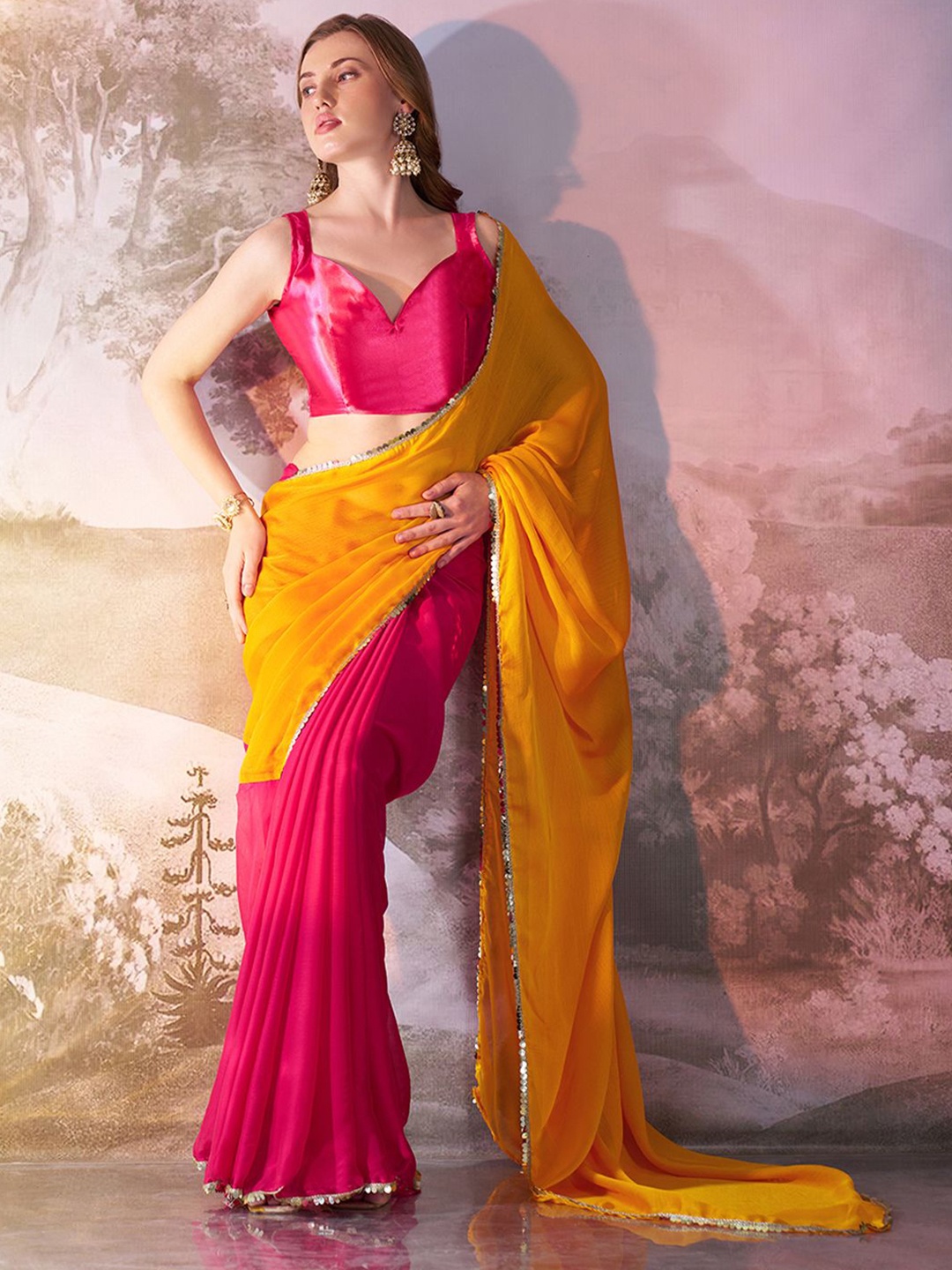 

Kalista Colourblocked Sequinned Pure Georgette Ready to Wear Saree, Pink