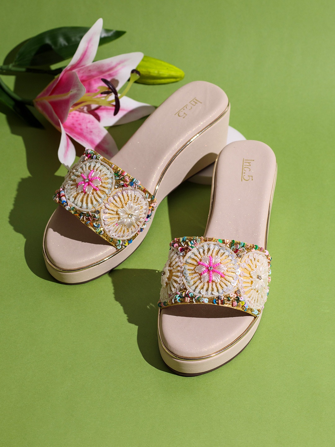 

Inc 5 Embellished Ethnic Wedge Sandals, Gold