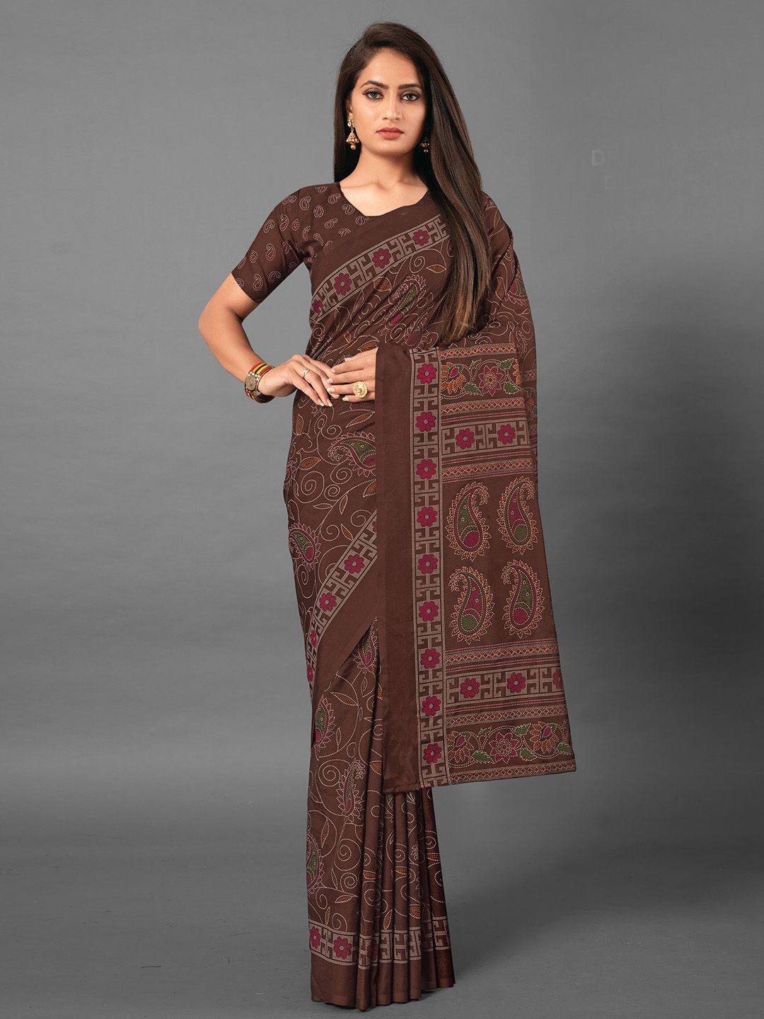 

Mitera Floral Silk Blend Baluchari Saree, Brown