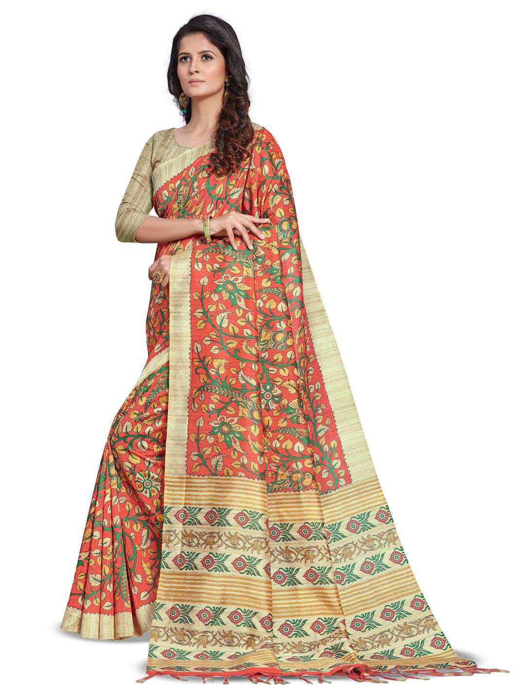 

Mitera Kalamkari Silk Blend Block Print Saree, Red