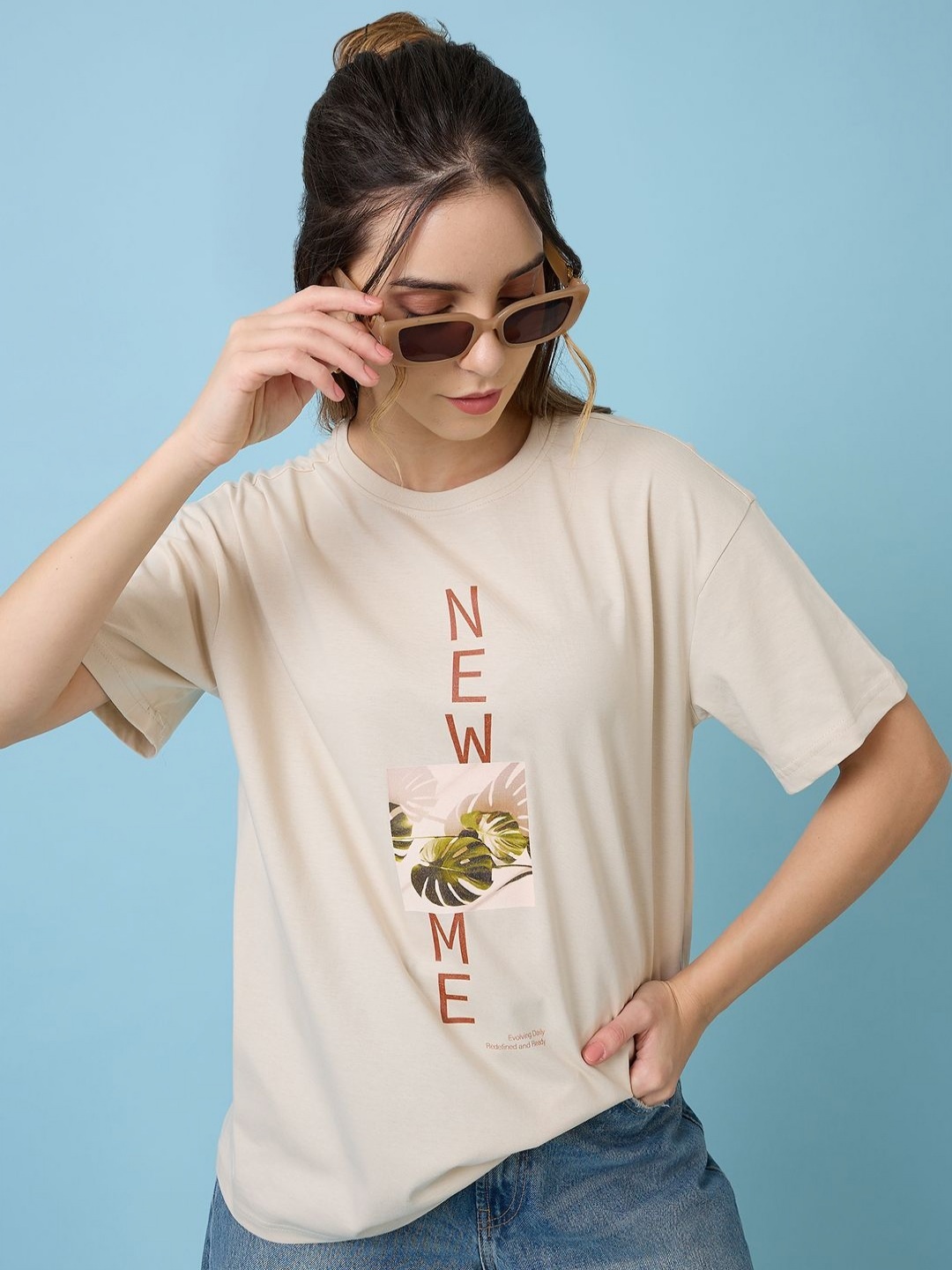 

Mast & Harbour Women Printed Raw Edge T-shirt, Cream