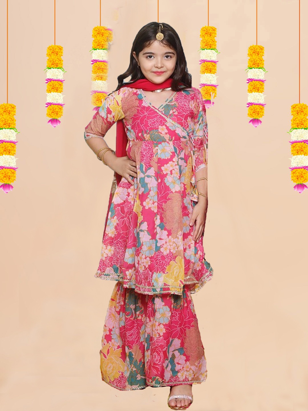 

NKV Girls Floral Printed Angrakha Thread Work Kurta with Sharara & With Dupatta, Pink