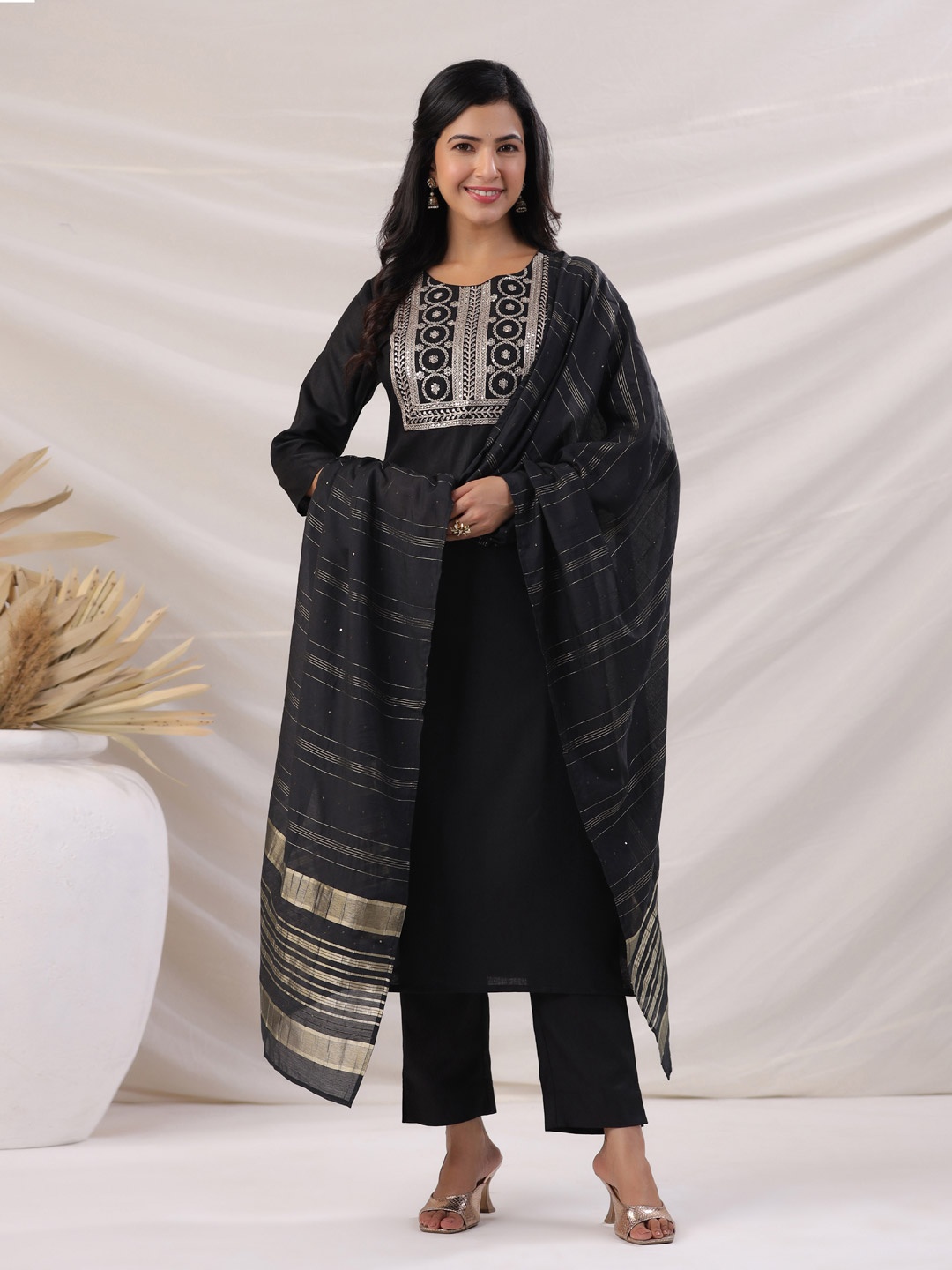 

KALINI Women Embroidered Regular Pure Cotton Kurta with Trousers & With Dupatta, Black