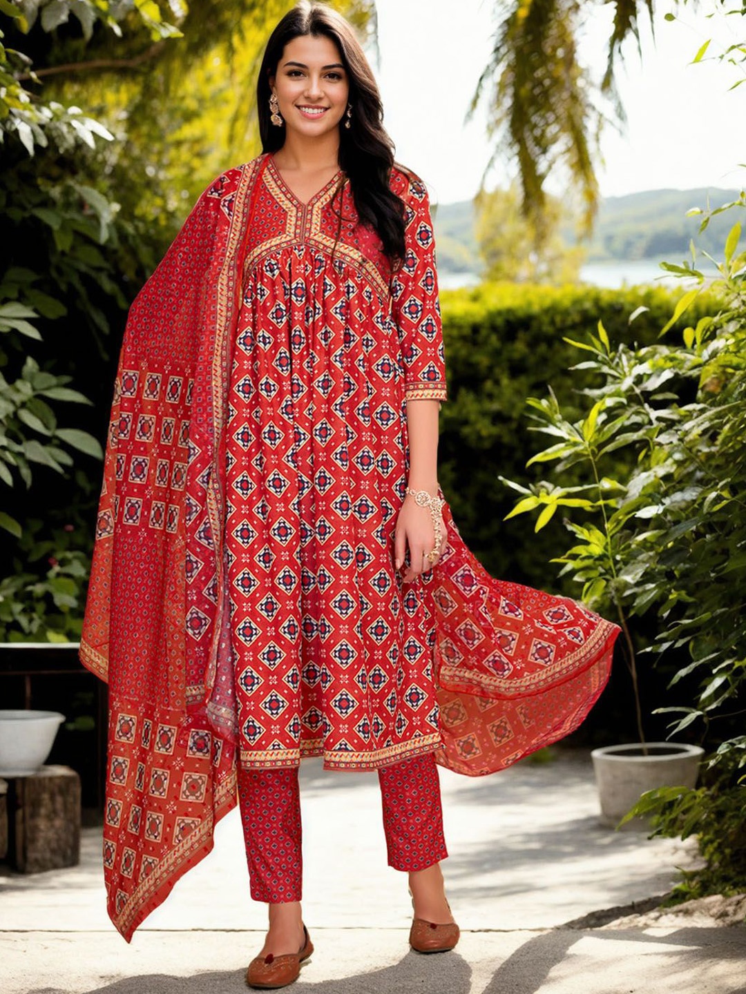 

Anouk Women Printed Pleated Kurta with Trousers & With Dupatta, Red