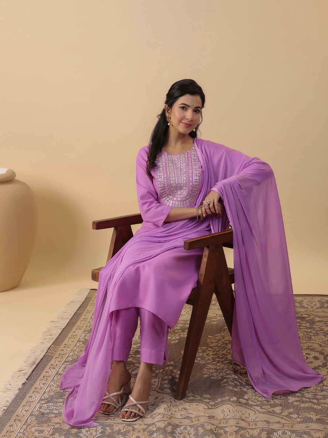 

KALINI Women Floral Embroidered Regular Pure Cotton Kurta with Trousers & With Dupatta, Lavender