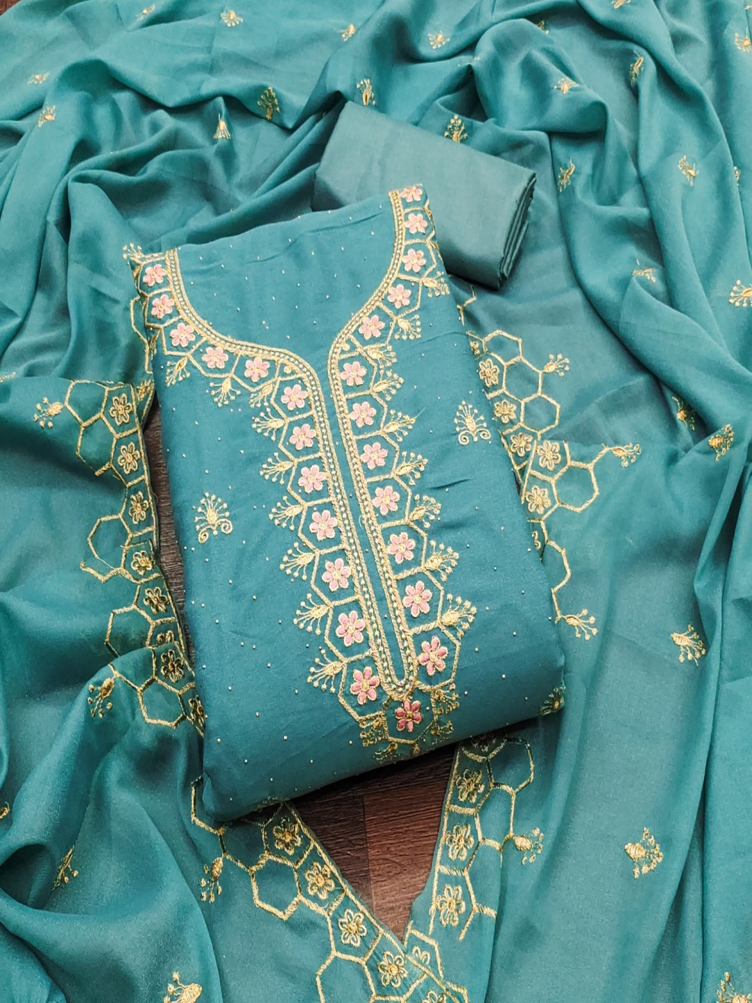 

Panzora Floral Embroidered Sequinned Unstitched Dress Material, Blue