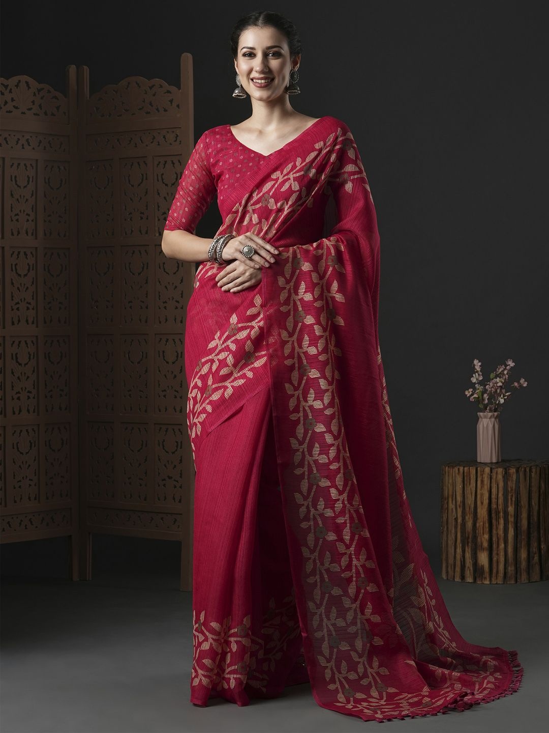 

Mitera Block Print Saree, Pink