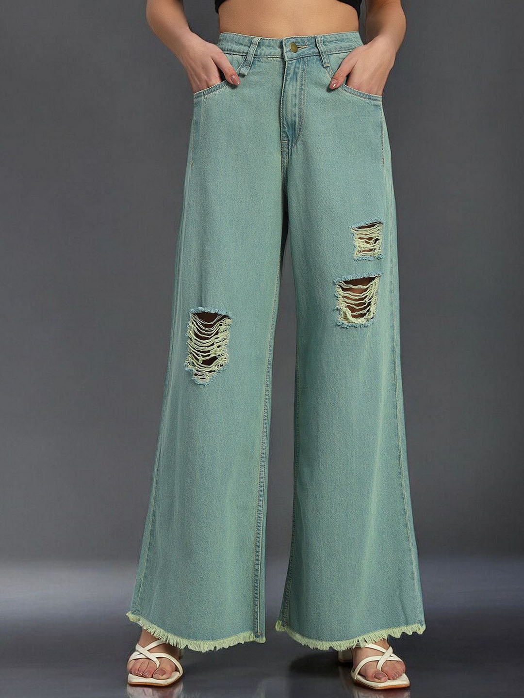 

Chemistry Women Flared High-Rise Highly Distressed Jeans, Green