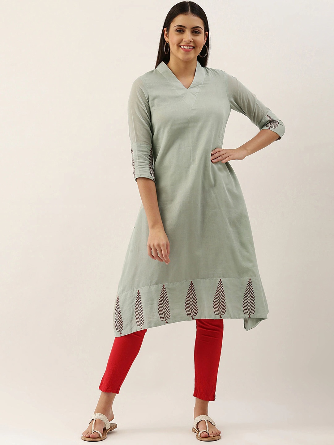 

KALINI Floral Printed V-Neck Pure Cotton A-line Kurta, Grey