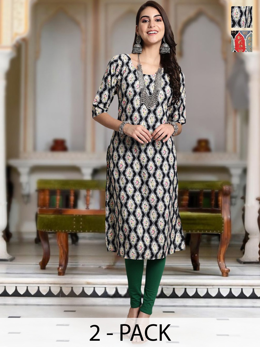 

Moda Rapido Selection Of 2 Floral Printed Round Neck Straight Kurta, Cream