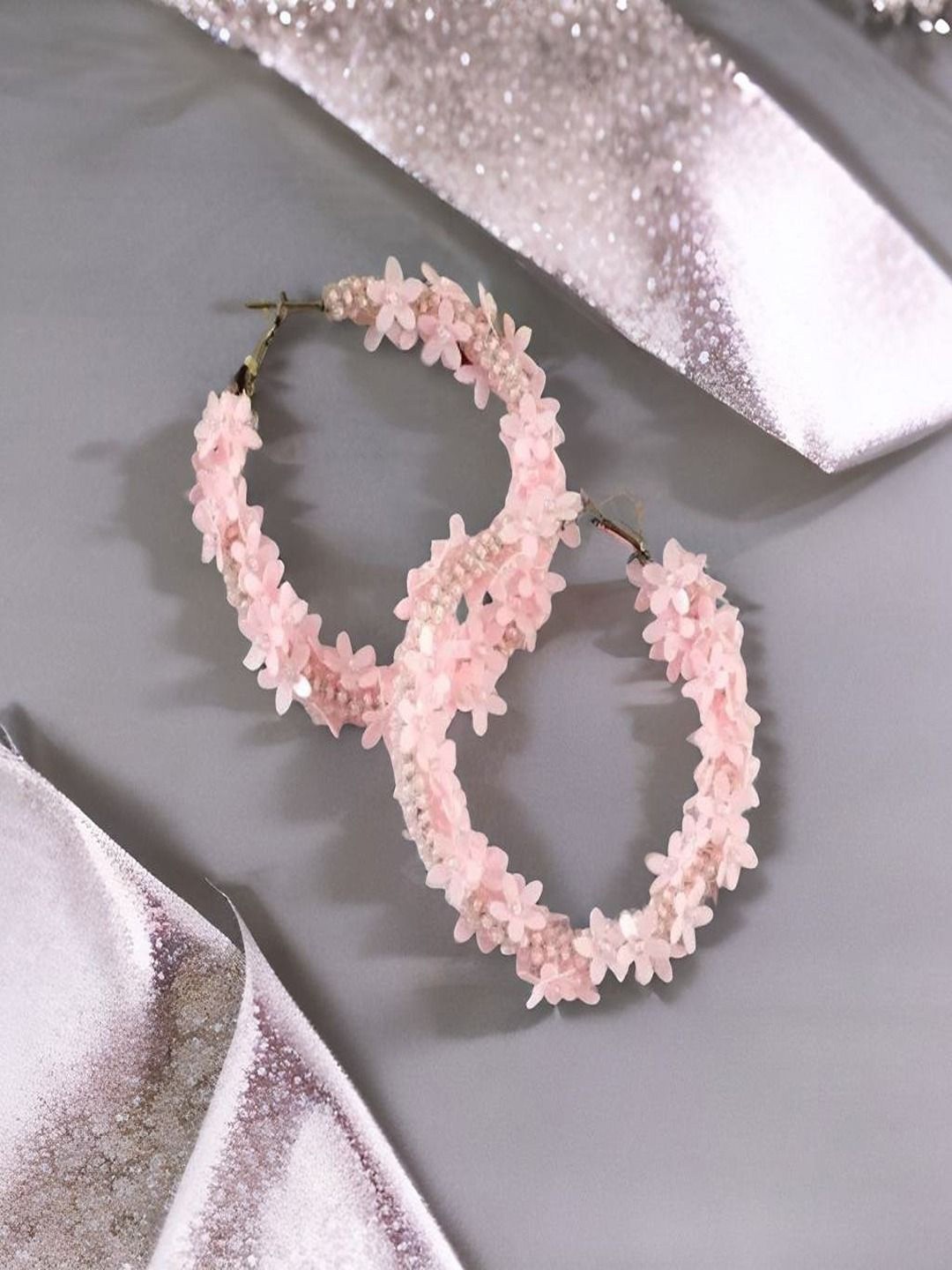 

Sangria Gold-Plated Artificial Beaded Floral Circular Shaped Hoop Earrings, Pink
