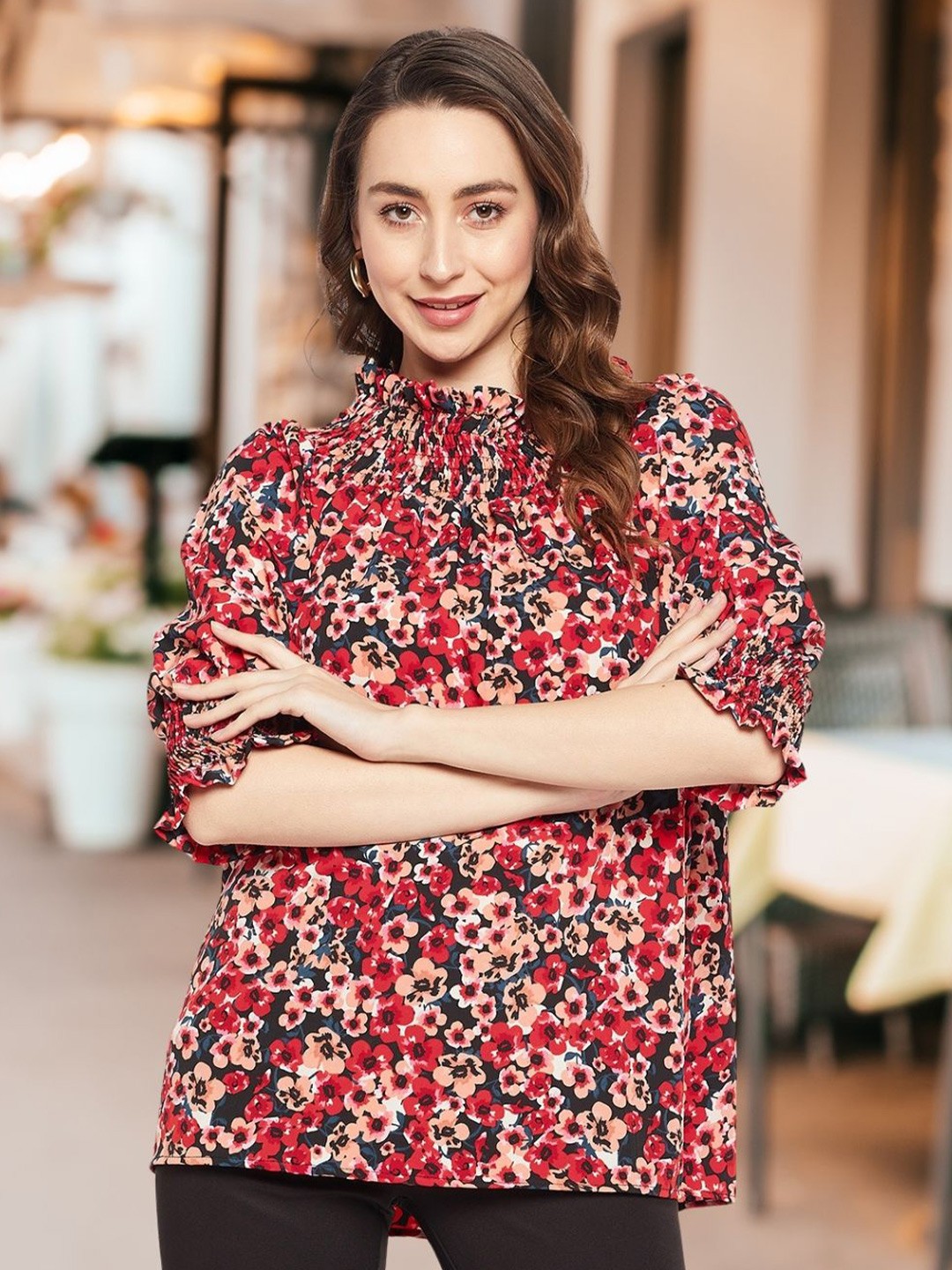 

DressBerry Floral Print Cold-Shoulder Crepe Top, Black