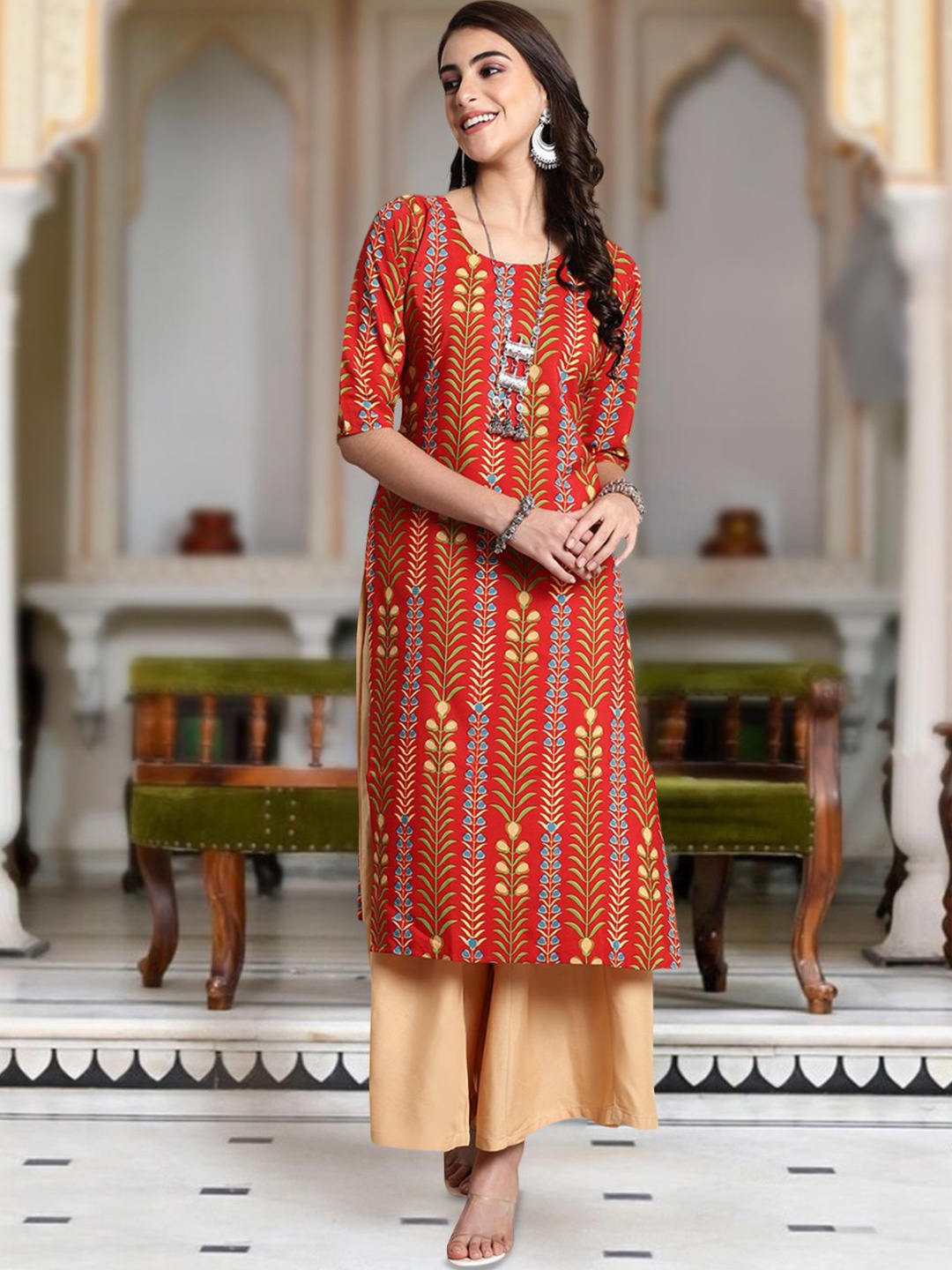 

Moda Rapido Floral Printed Round Neck Straight Kurta, Red