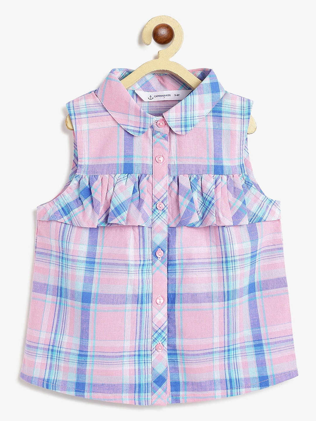 

Campana Checked Ruffles Cotton Shirt Style Top, Pink