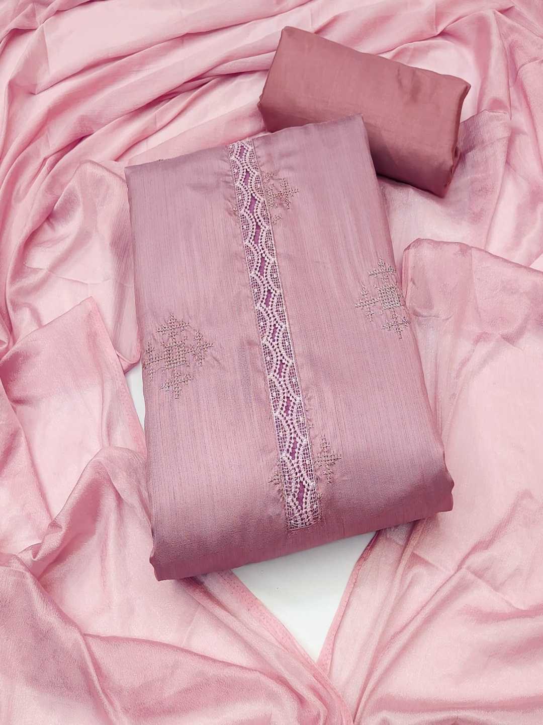 

Rangtulika Ethnics Geometric Embroidered Unstitched Dress Material, Pink