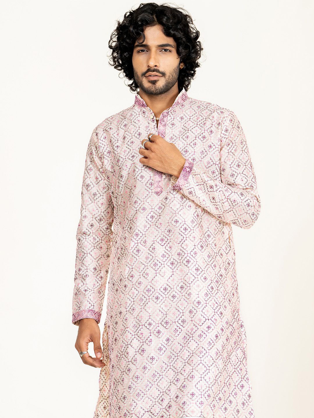 

Tistabene Ethnic Motifs Printed Mandarin Collar Pure Silk Straight Kurta, Pink