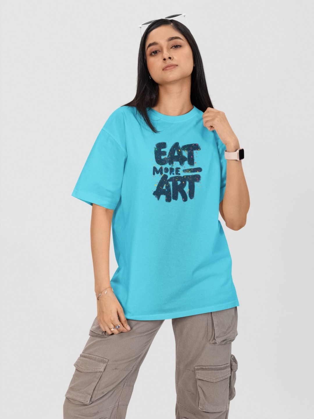 

Moda Rapido Women Printed Drop-Shoulder Sleeves Pockets T-shirt, Turquoise blue