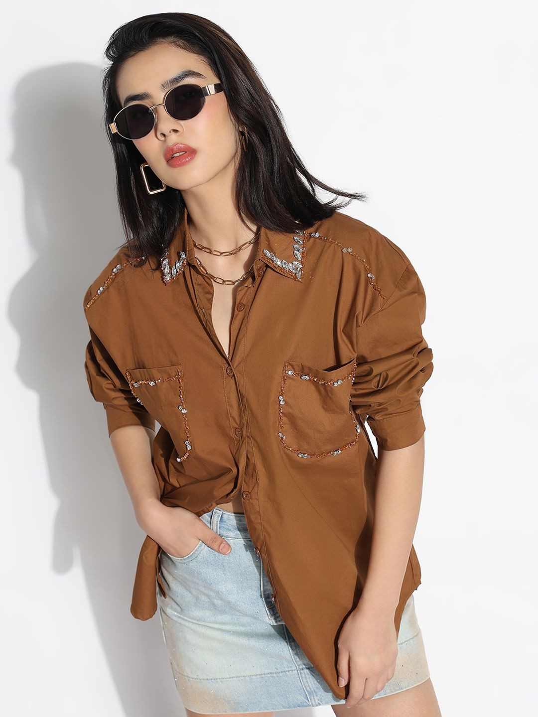 

SHOWOFF Women Comfort Opaque Party Shirt, Brown