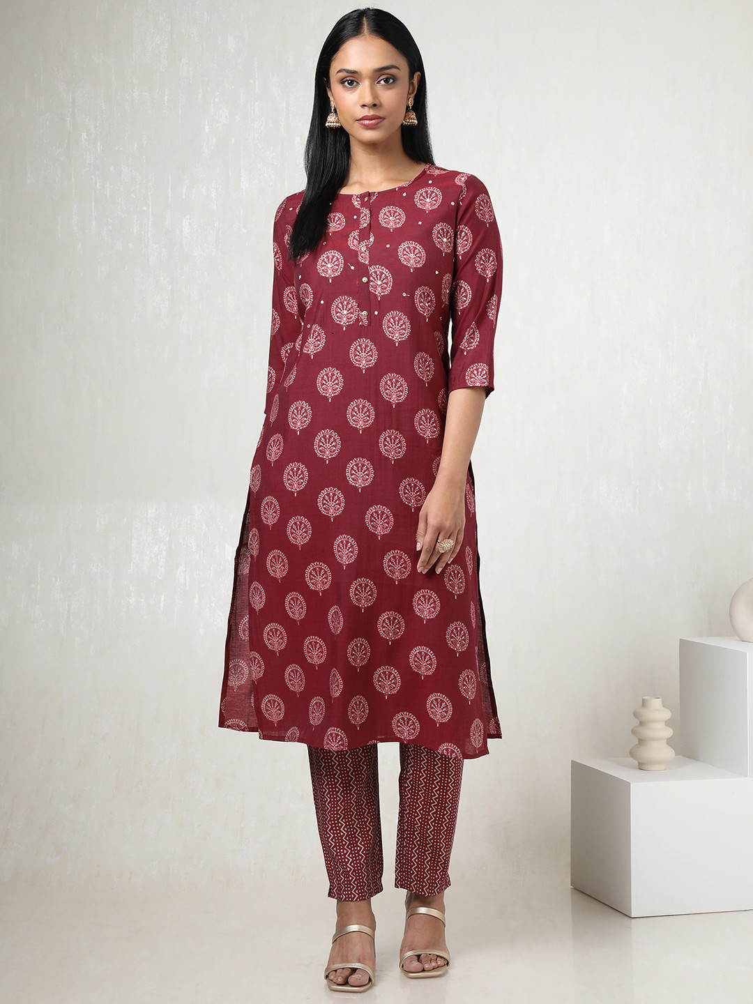 

Soch Women Printed Regular Mirror Work Kurta with Trousers, Maroon