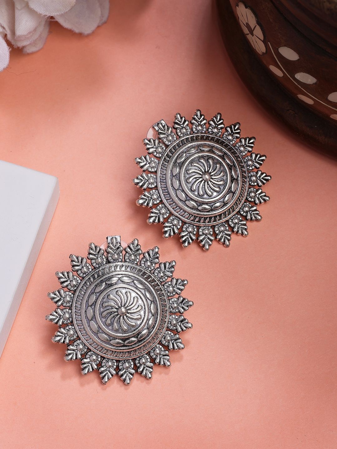 

NVR Women German silver Oxidised Silver Plated Circular Shaped Stud Earrings