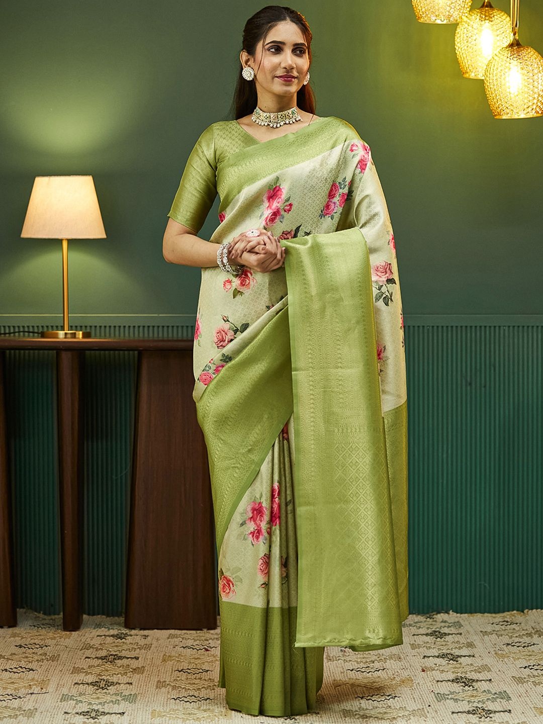 

Satrani Floral Zari Pure Silk Chanderi Saree, Green