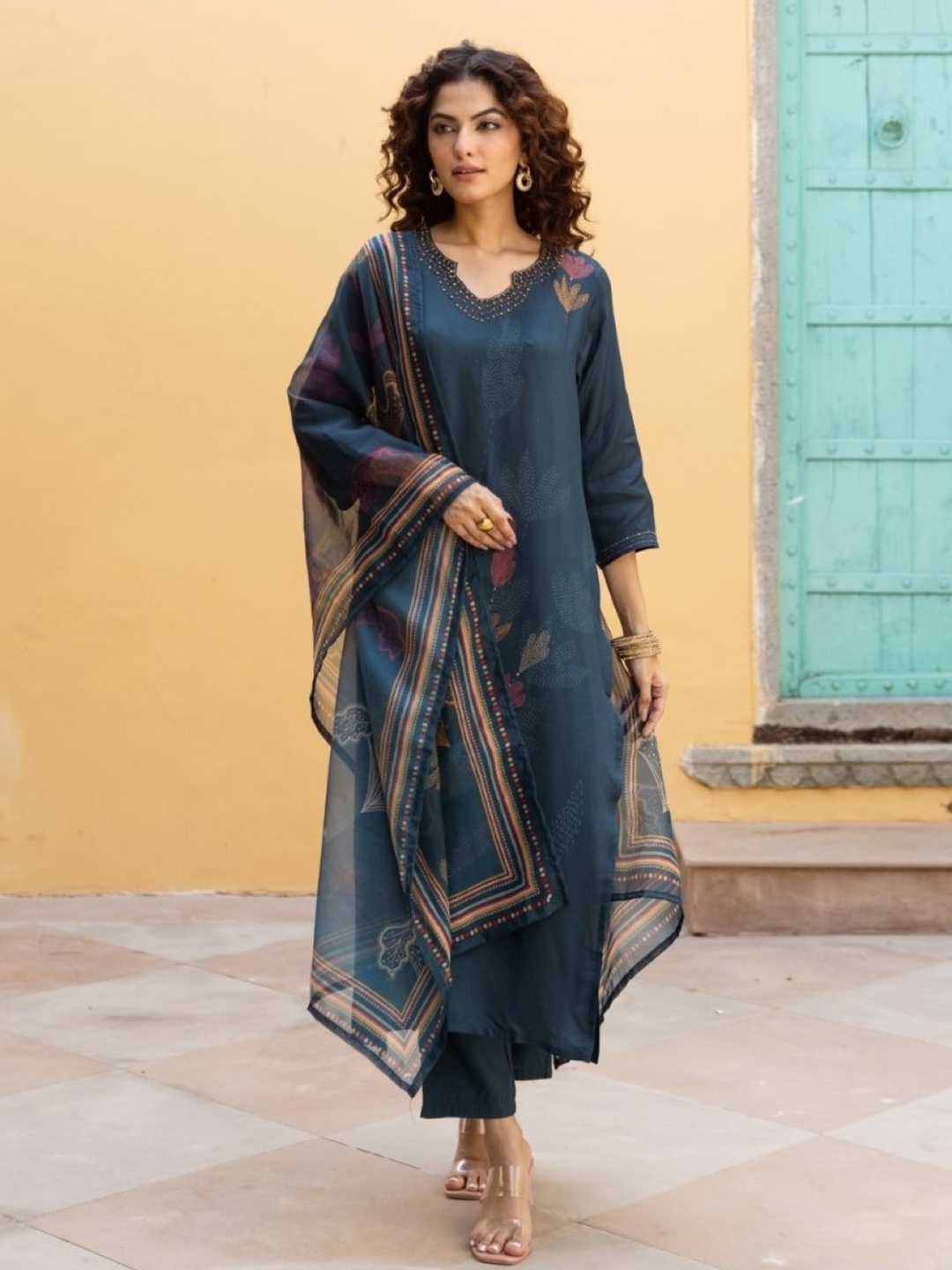 

AUTUMN LANE Floral Printed Notch Neck Straight Kurta With Trousers & Dupatta, Blue