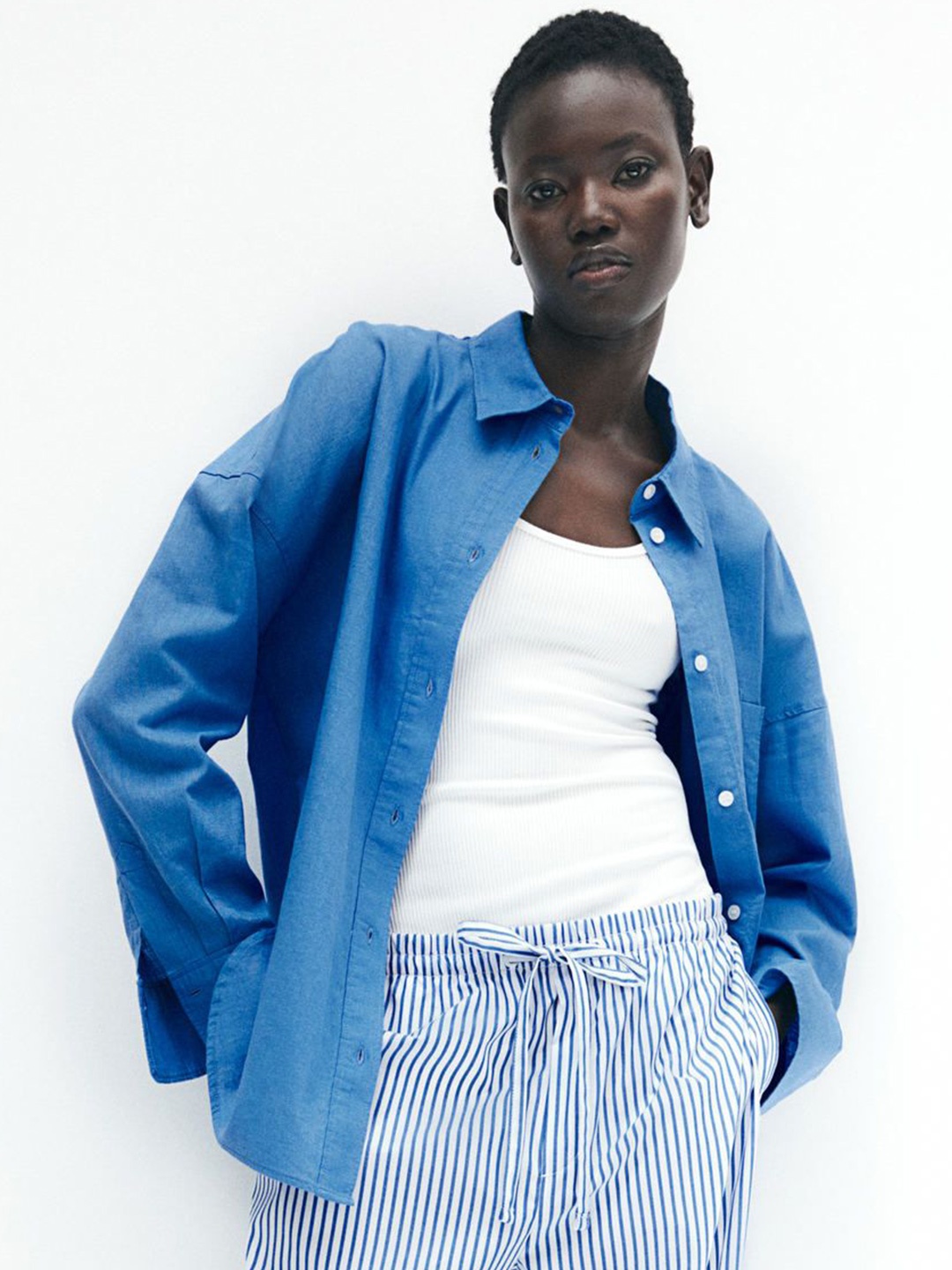 

H&M Oversized Linen-Blend Shirt, Blue