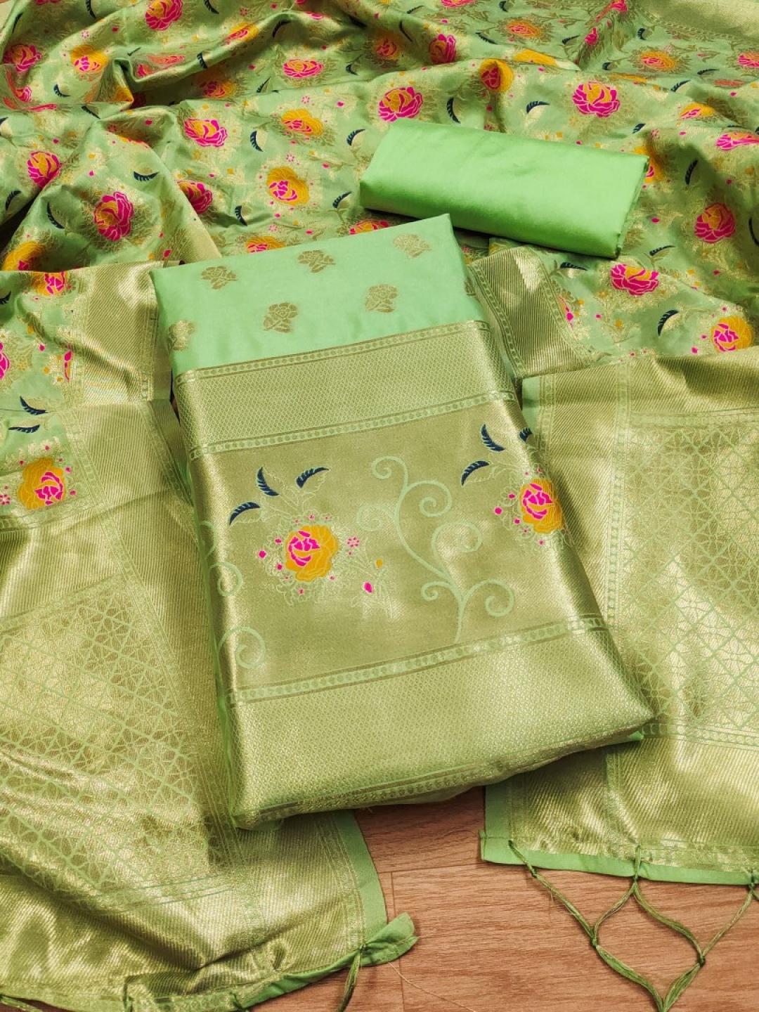 

Rangtulika Ethnics Floral Woven Design Unstitched Dress Material, Lime green