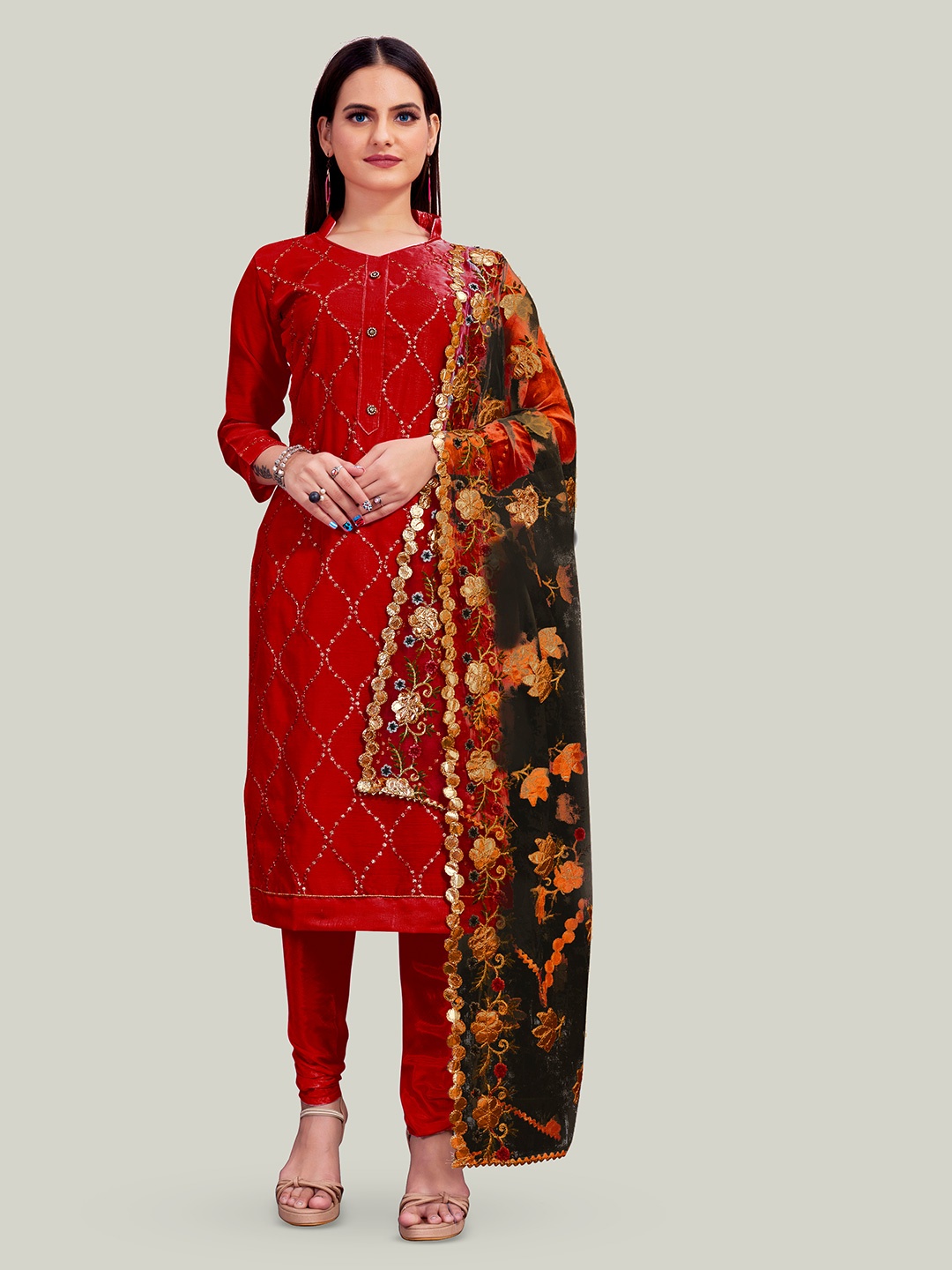 

HERE&NOW Chevron Embroidered Thread Work Chanderi Unstitched Dress Material, Red