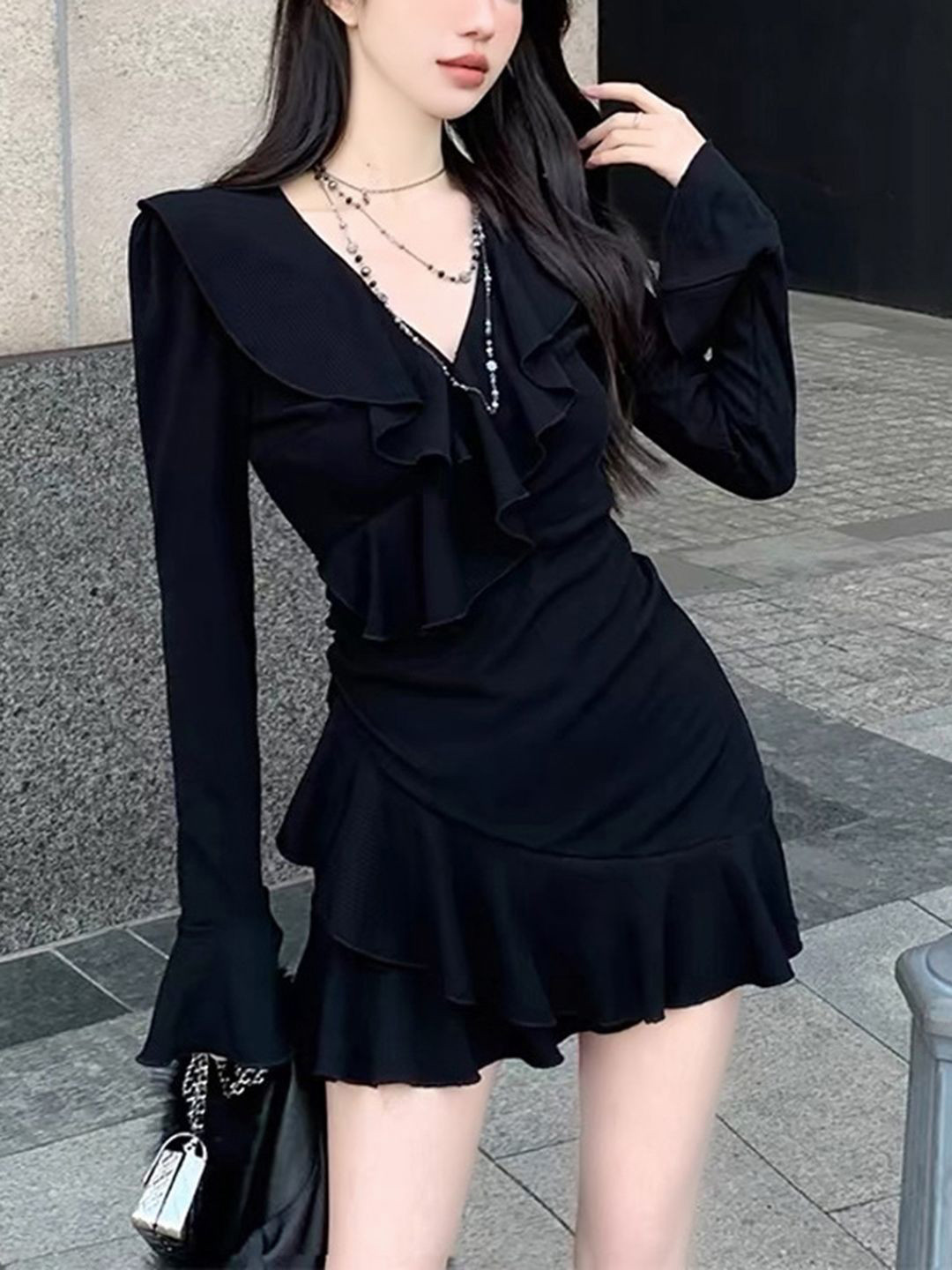 

DressBerry Bell Sleeve Fit & Flare Mini Dress, Black