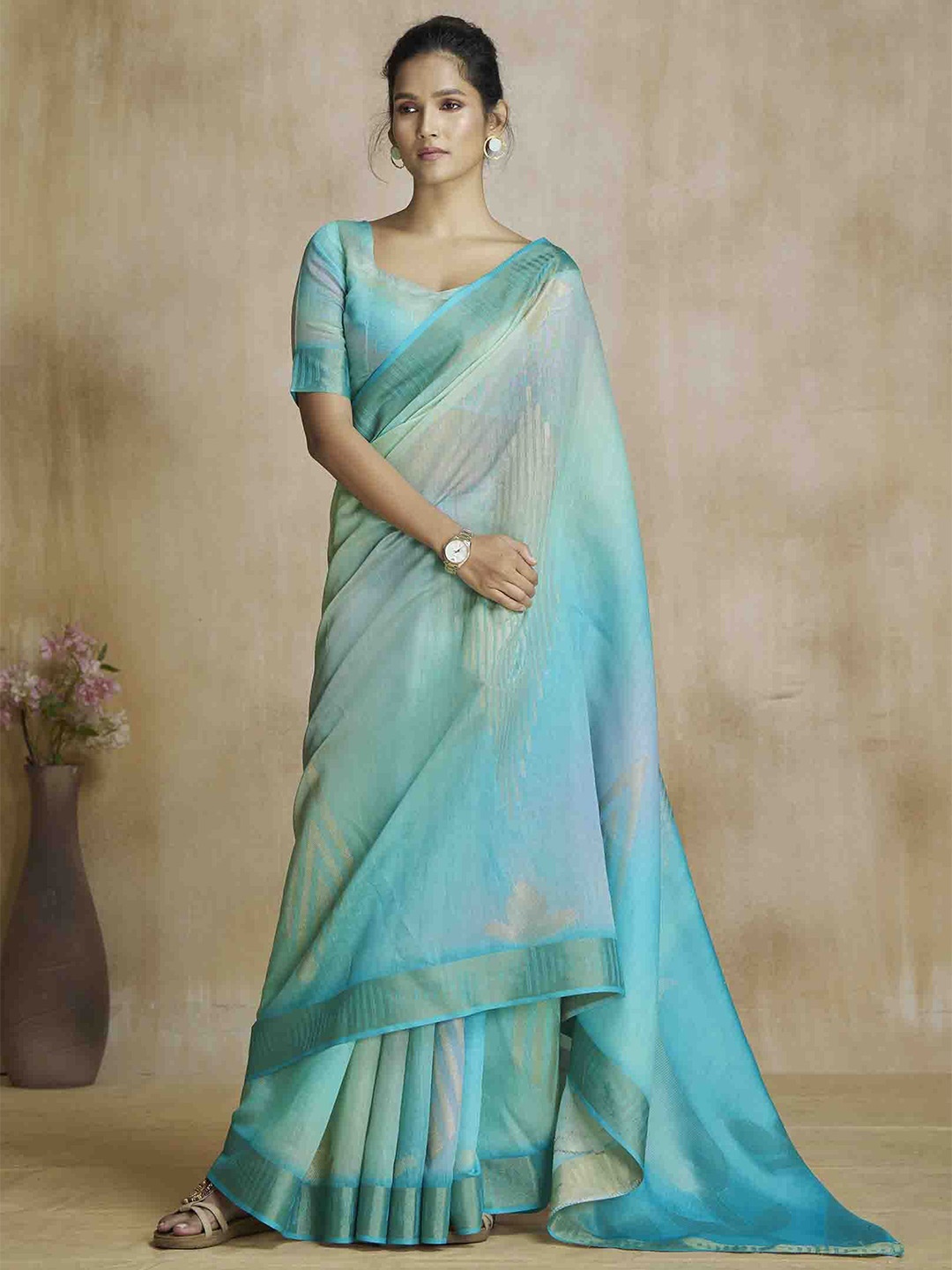 

KIMISHA Ethnic Motifs Zari Silk Blend Saree, Blue