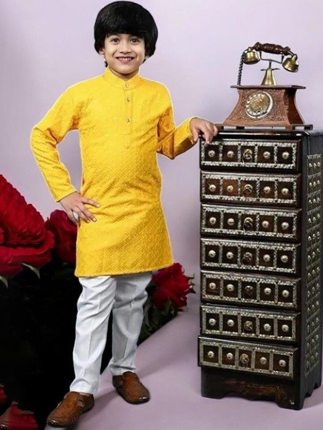 

Qtsy Boys Embroidered Regular Mirror Work Pure Cotton Kurta with Pyjamas, Yellow