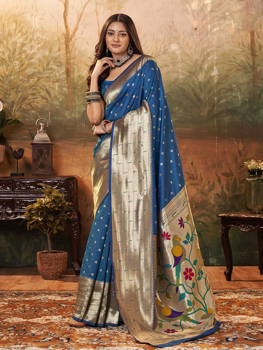 

DIVASTRI Woven Design Zari Silk Blend Paithani Saree, Teal