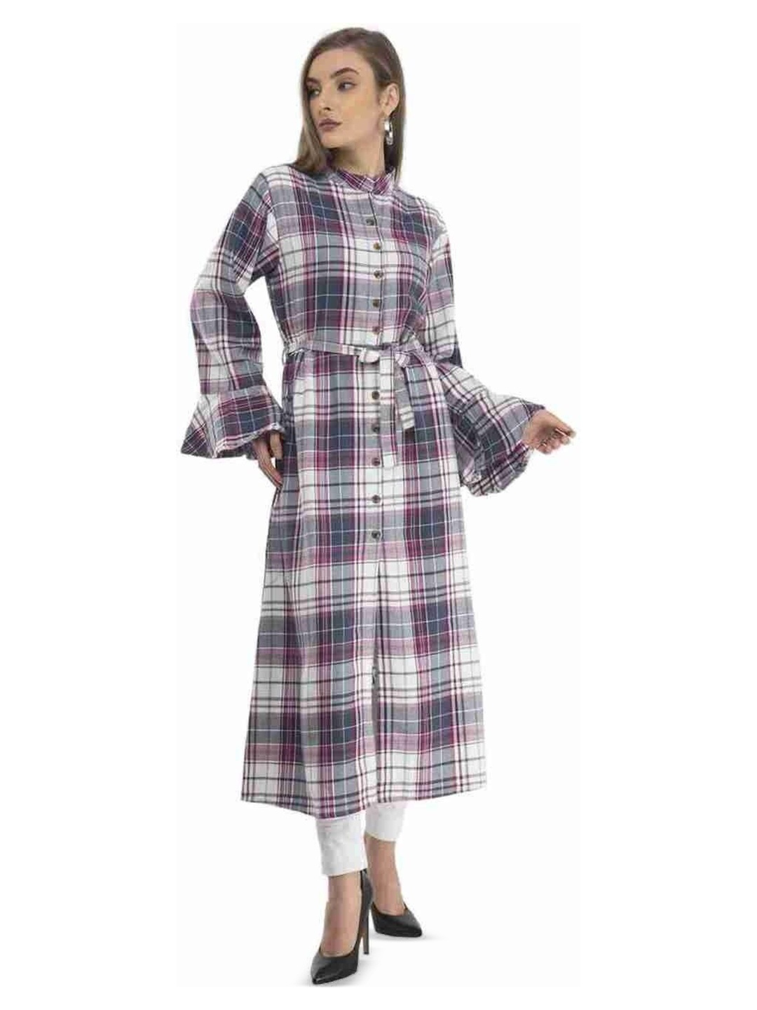 

YLCOMPANY Checked Bell Sleeve Fit & Flare Dress, Pink