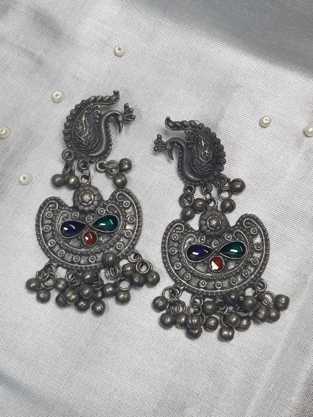 

HOPMEE Artificial Stones Studded Contemporary Shaped Antique Jhumkas, Black