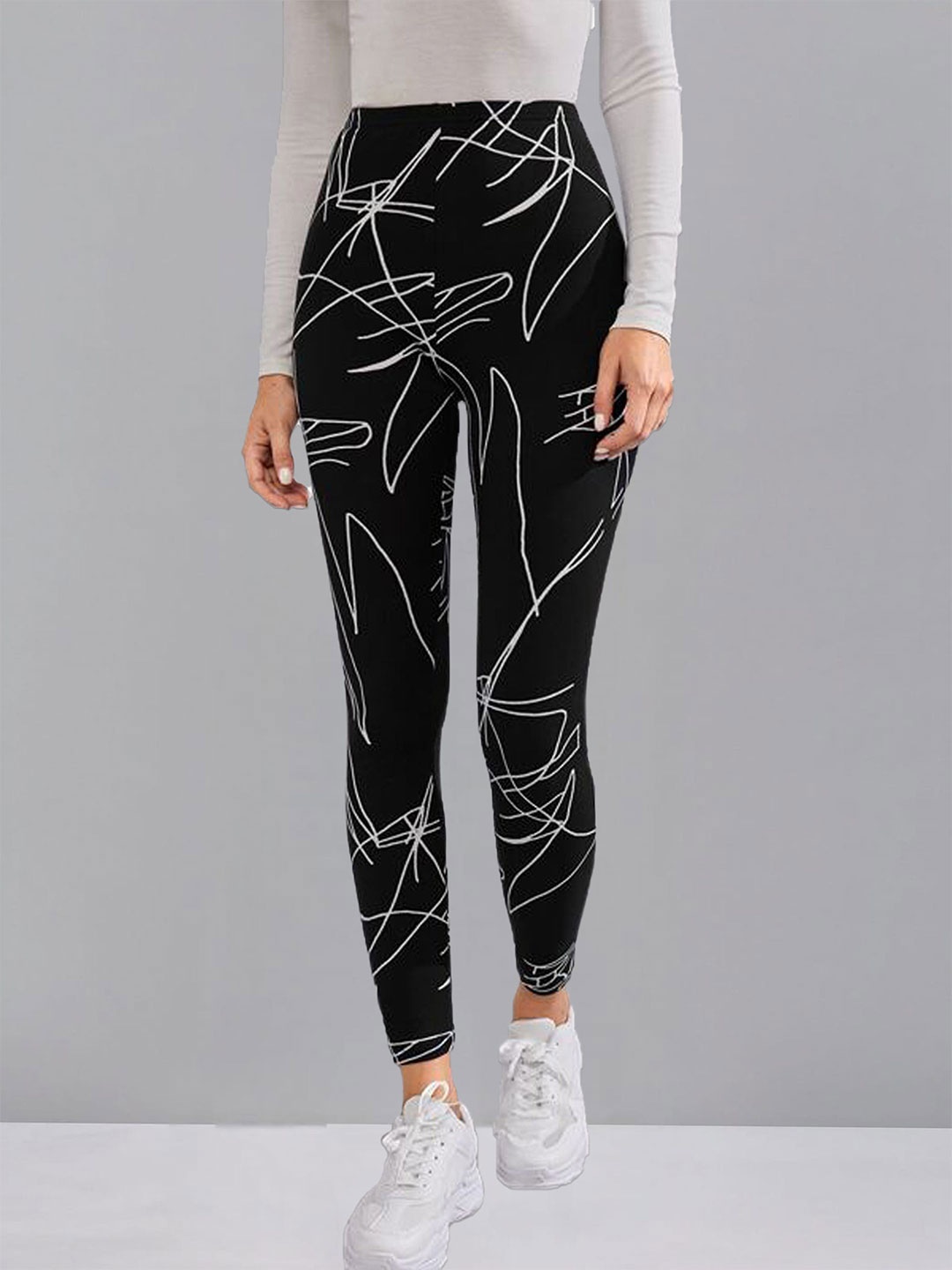 

DTR FASHION Printed Mid-Rise Ankle-Length Gym Tights, Black