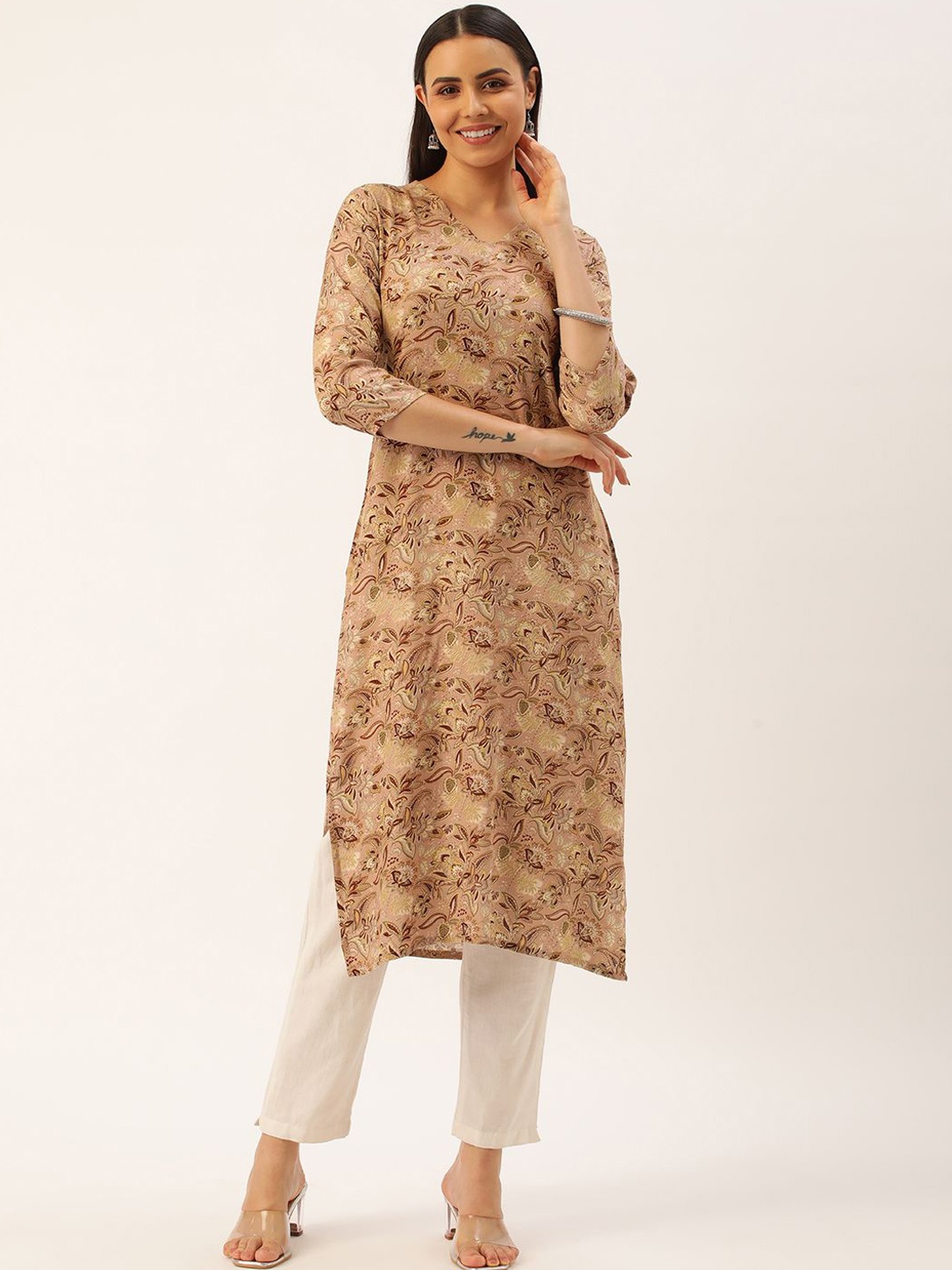 

KALINI Floral Printed V-Neck Straight Kurta, Beige