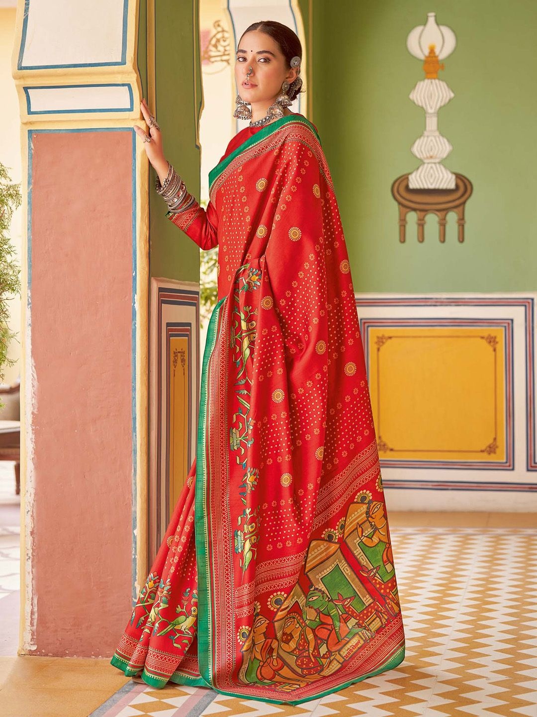 

Mitera Kalamkari Silk Blend Tussar Saree, Red