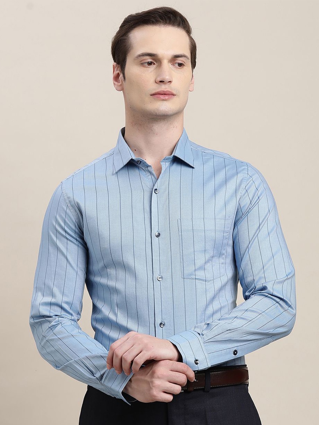 

Turtle Men Standard Slim Fit Opaque Striped Formal Shirt, Blue