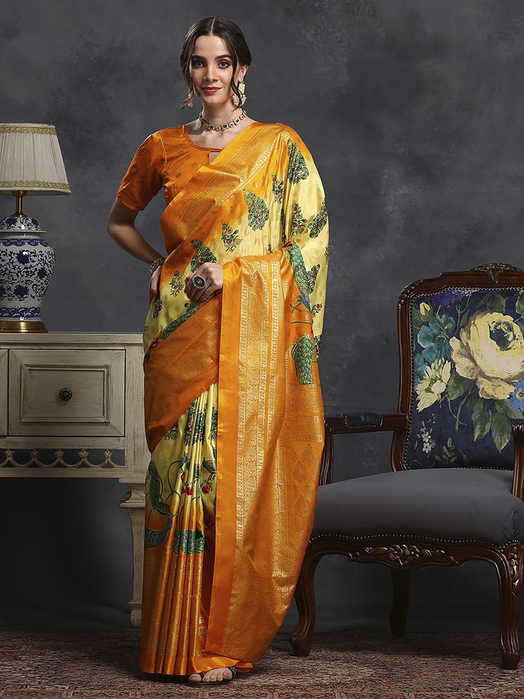 

Mitera Ethnic Motifs Silk Blend Bagh Saree, Yellow