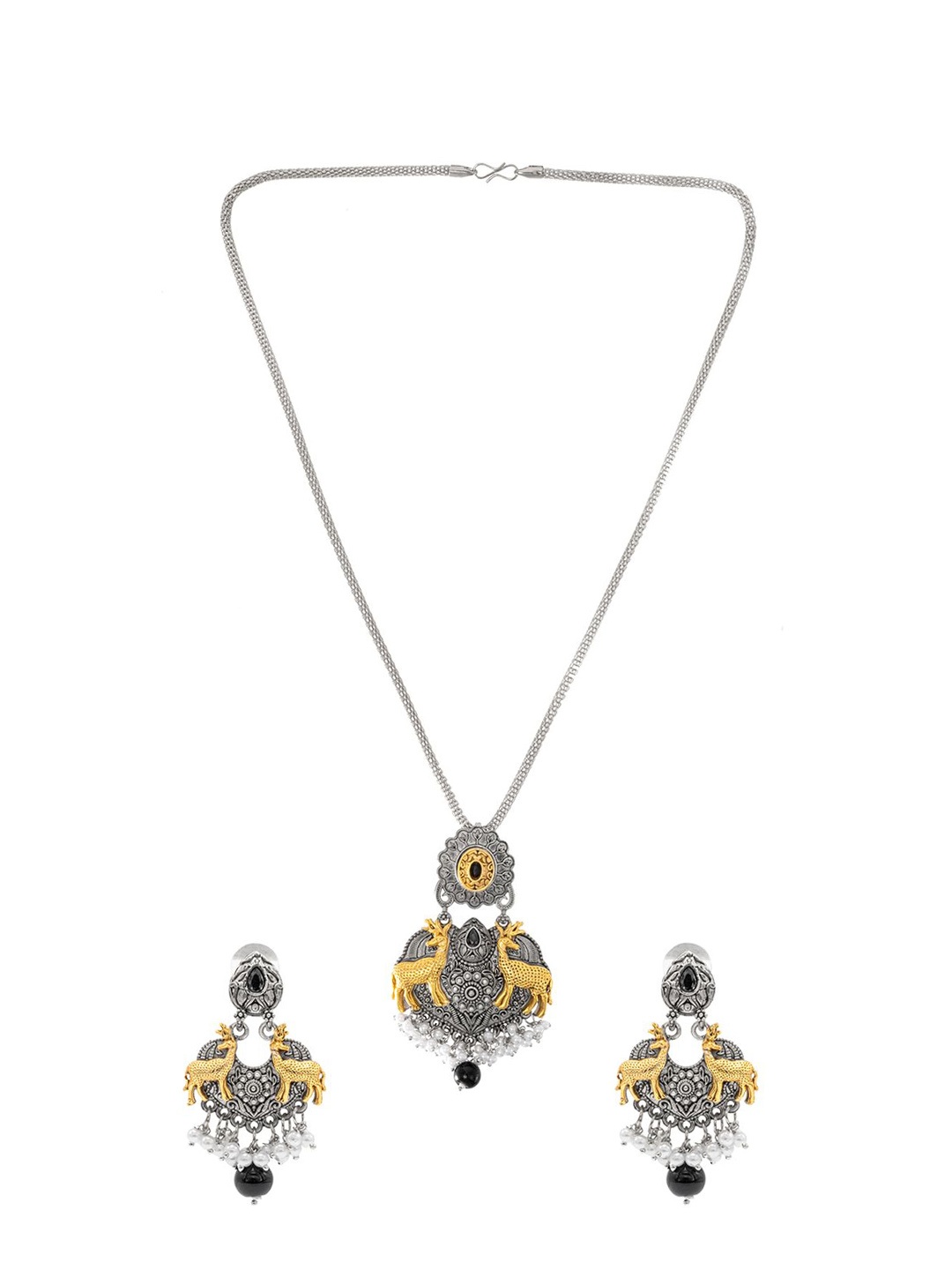

Shining Jewel - By Shivansh Silver Plated Kundan Studded & Pearls Beaded Jewellery Set, Black